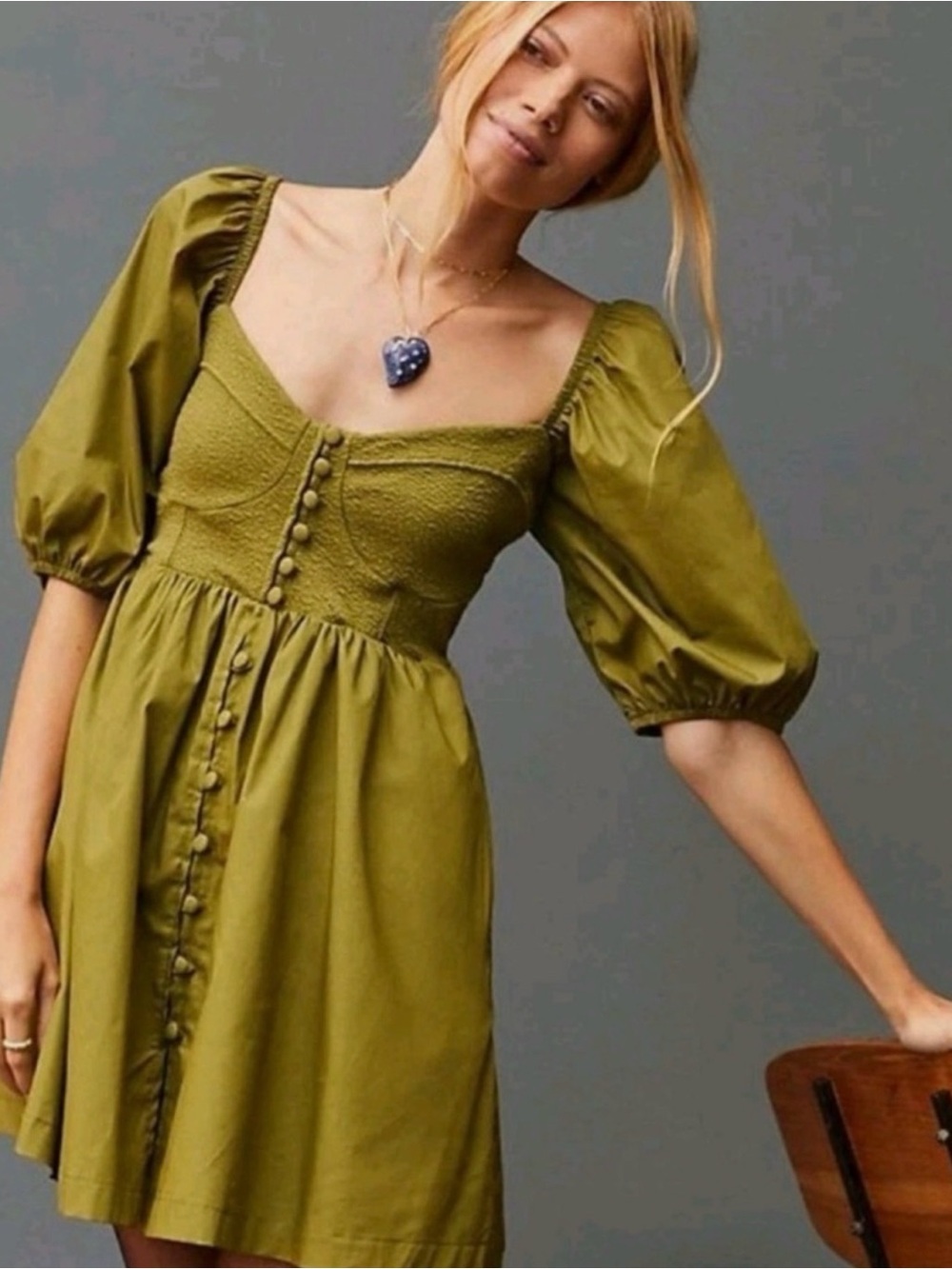 Maeve Olive Green Puff-Sleeve Mini Dress